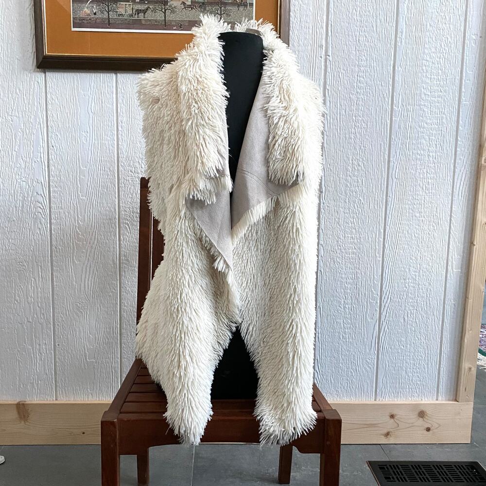 Women's REVERSIBLE Shaggy Boho Ivory Open Front Vest